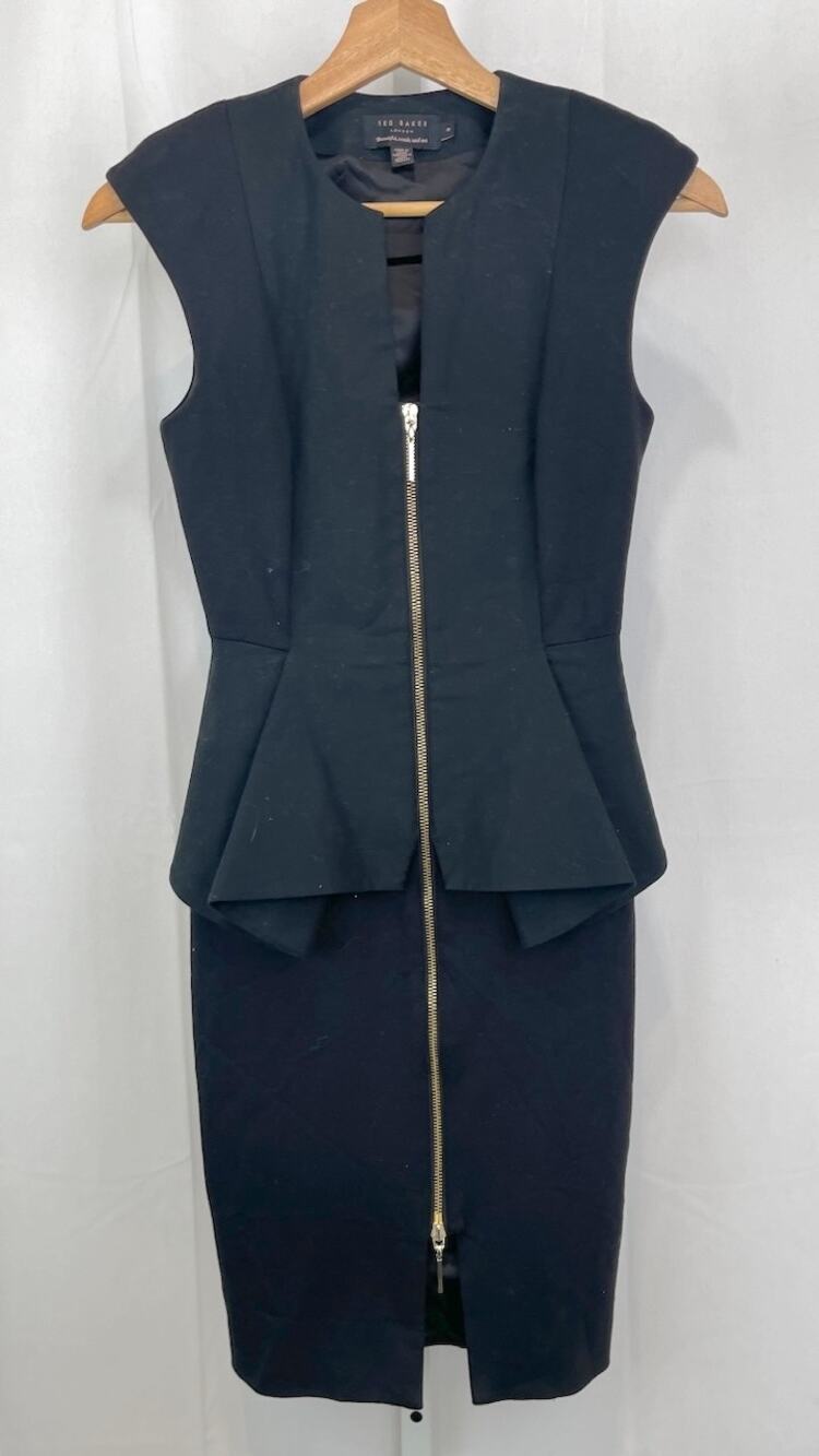 TED BAKER Jamthun Zip Front Peplum Little Black Dress Size 0 US 2 XS